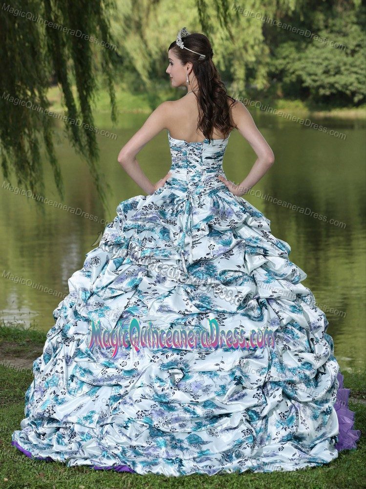 Colorful Beaded Ruffled Quince Dress with Printing and Pick-ups in Mejillones