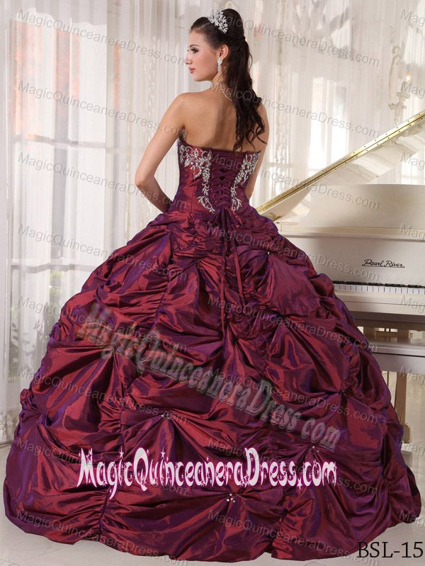 Modest Wine Red Strapless Taffeta with Embroidery Quinceanera Dress in Beverly