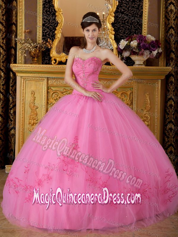 Pink Sweetheart Tulle Quinceanera Dress with Appliques and Beading in Easton
