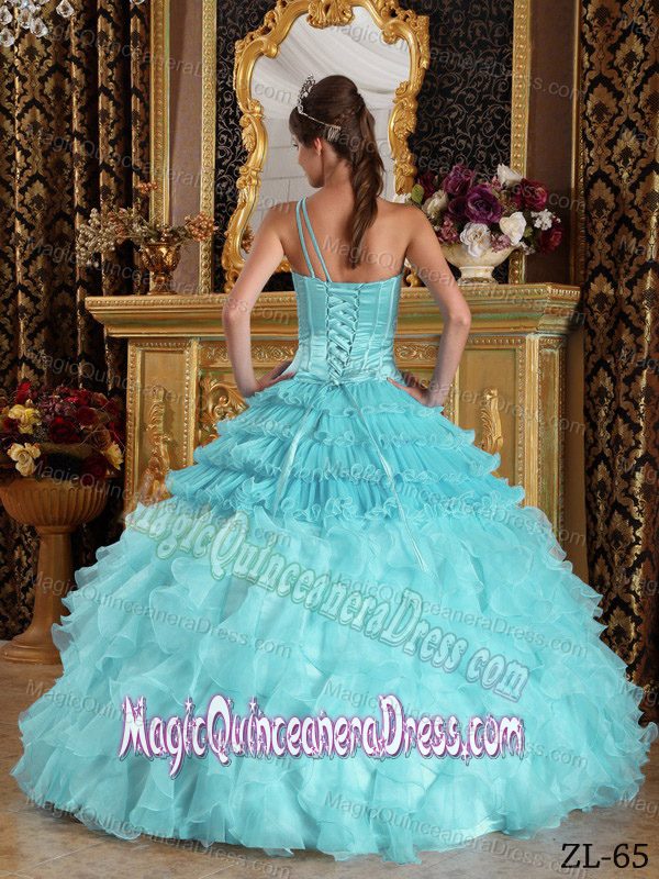 Baby Blue One Shoulder Beaded Quinceanera Dress with Ruffles in Houston