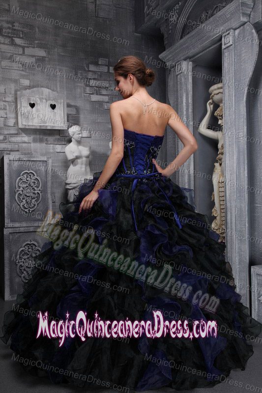 Navy Blue Strapless Appliqued Ruffled Exclusive Quinceanera Gowns in Chula Vista