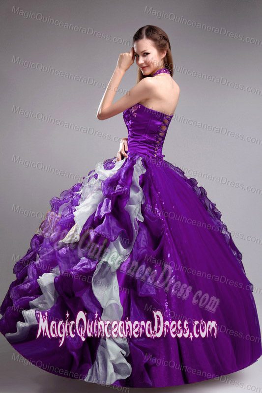 Popular Halter Purple Ruched Ruffled Quinceanera Gowns with Appliques in Chico