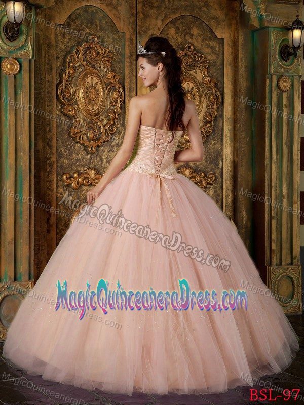 Paillettes Ruche and Appliques Peach Quinceanera Gowns in Huntington