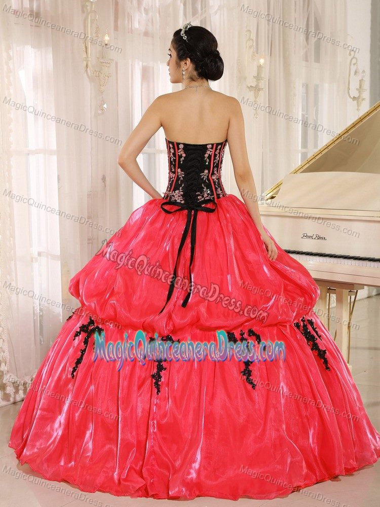 Unique Strapless Red Full-length Quinceanera Gown Dress with Embroidery