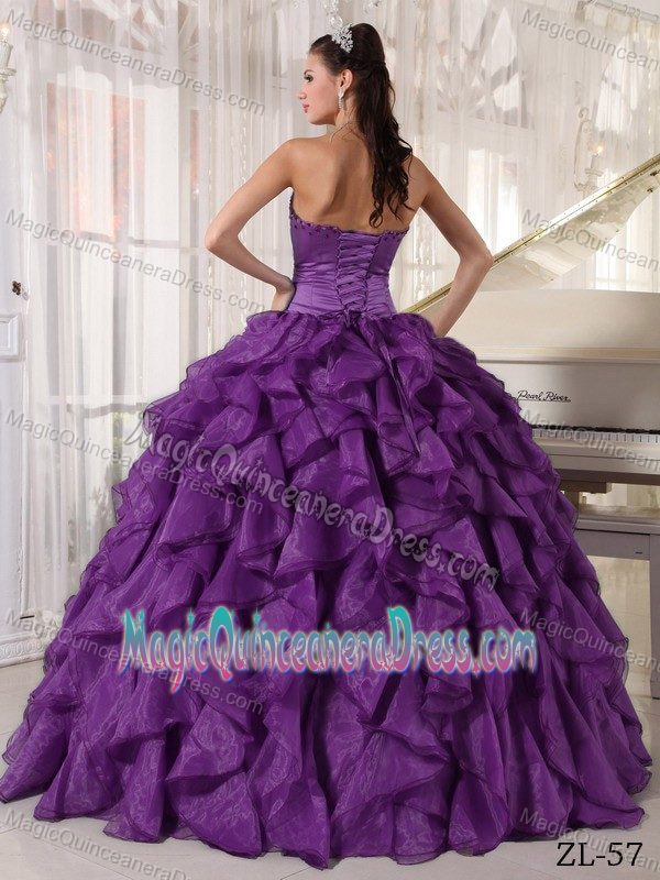 Strapless Purple Beaded Floor-length Quinceanera Gowns with Ruffle-layers