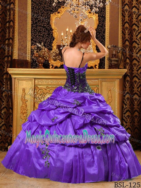Modest Appliqued Purple Long Quinceanera Gown with Straps and Pick-ups