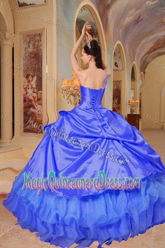 Appliques One Shoulder Blue Quinceanera Dress with Ruffles