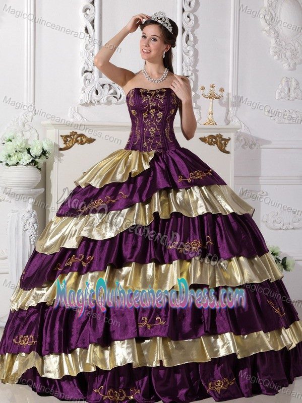 Purple and Gold Strapless Embroidery Ruffled Layers Dress For Quince