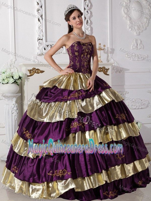 Purple and Gold Strapless Embroidery Ruffled Layers Dress For Quince