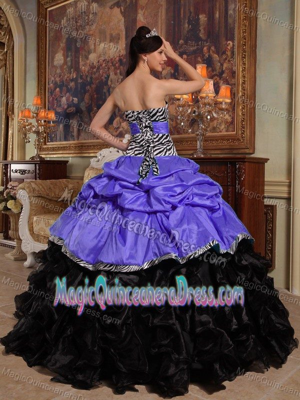Purple and Black Zebra Dress for Quince Strapless with Ruffles