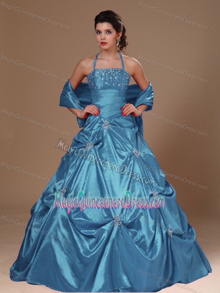 Pick-ups Halter A-line Quinceanera Dresses with Beading in Blue