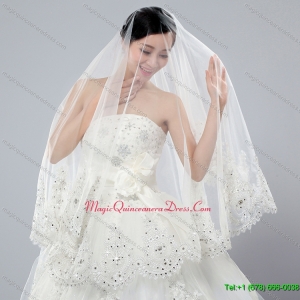 2014 Cheap Two Tier White Fingertip Veil with Lace Edge