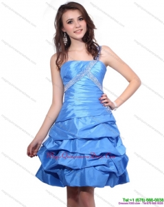 2015 One Shoulder Baby Blue Dama Dresses with Pick Ups and Beading