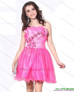 2015 One Shoulder Hot Pink Short Dama Dresses with Ruching and Beading