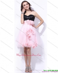 2015 Sweetheart Sequins and Hand Made Flowers Dama Dresses in Pink and Black