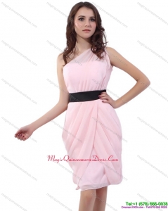 Affordable 2015 Baby Pink One Shoulder Short Dama Dresses with Ruching
