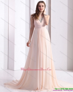 Affordable 2015 Brush Train Long Dama Dresses with Beading and Ruching