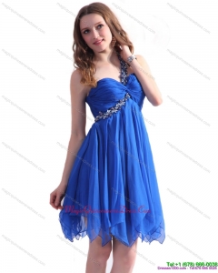 Affordable Blue One Shoulder Dama Dresses with Ruffles