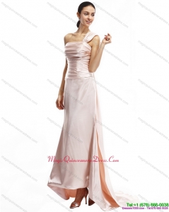 Affordable Champagne One Shoulder Ruching Dama Dresses with Brush Train