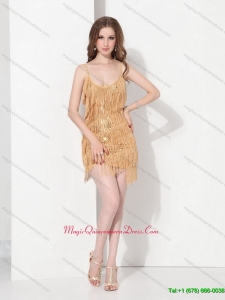 Affordable Gold Sequins and Mini Length Dama Dresses with Spaghetti Straps