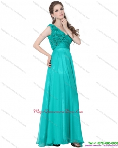 Affordable Turquoise One Shoulder Dama Dresses with Ruching and Hand Made Flowers