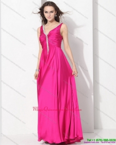 Affordable and Perfect Hot Pink Long Dama Dresses with Beading and Ruching