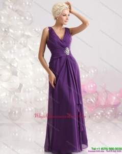 2015 Elegant V Neck Floor Length Dama Dress with Beading and Ruching