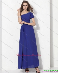 2015 Modest One Shoulder Blue Dama Dress with Ruching and Beading