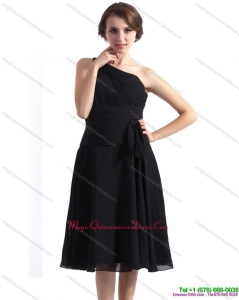 2015 One Shoulder Knee Length Dama Dress in Black