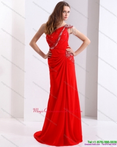 Affordable 2015 One Shoulder Red Dama Dress with Beading and Brush Train