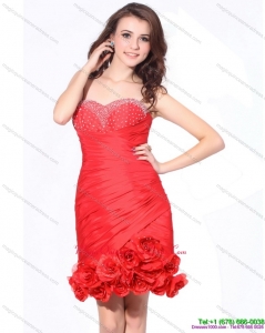 Affordable Beaded Red Sweetheart Dama Dresses with Hand Made Flowers and Ruching