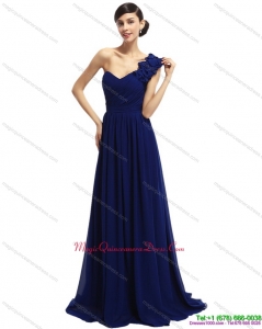Discount One Shoulder Ruffled Navy Blue Dama Dresses with Hand Made Flower