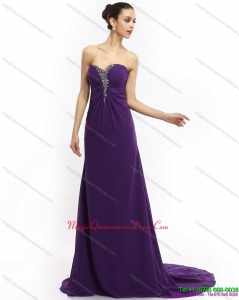New Style 2015 Brush Train Sweetheart Prom Dress with Ruching and Beading
