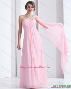 Perfect 2015 One Shoulder Baby Pink Dama Dress with Ruching and Beading