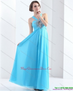 2015 Discount Halter Top Floor Length Dama Dress with Ruching and Beading