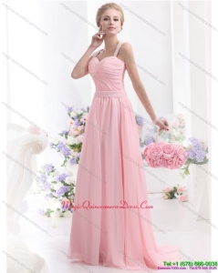 Affordable 2015 Baby Pink Dama Dress with Brush Train and Ruching