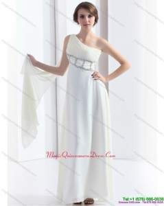 Affordable 2015 New Style One Shoulder White Dama Dress with Watteau Train and Beading