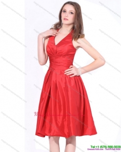 Affordable 2015 V Neck Knee Length Dama Dress with Ruching