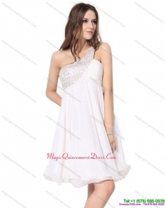 Affordable One Shoulder Beading Dama Dress in White