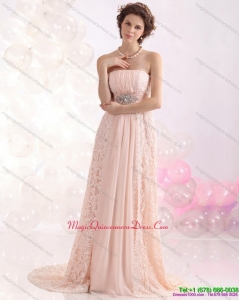 Affordable Strapless Sequins and Lace Dama Dress with Brush Train