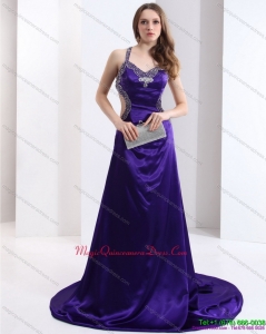 Discount 2015 Halter Top Purple Criss Cross Dama Dresses with Court Train
