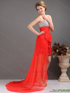 Discount Brush Train Red High Low Dama Dresses with Ruching and Beading