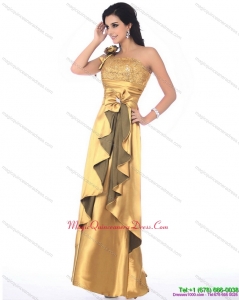 Discount One Shoulder Gold Dama Dress with Hand Made Flowers and Ruching