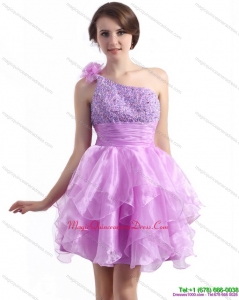 Discount One Shoulder Lilac Dama Dresses with Beading and Hand Made Flower