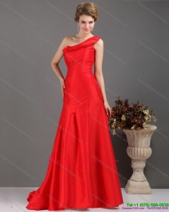 Discount One Shoulder Pleated Red Dama Dresses with Brush Train