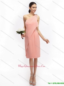 Discount Ruching and Hand Made Flowers 2015 Pink Dama Dresses with One Shoulder