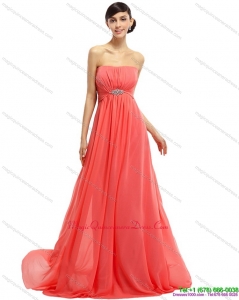 Discount Watermelon Beading Long Dama Dresses with Ruching and Sweep Train