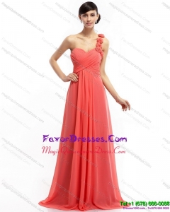 Discount Watermelon Red One Shoulder Dama Dresses with Brush Train and Hand Made Flowers