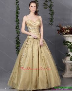 Discount 2015 Spaghetti Straps Champagne Dama Dress with Ruching and Beading