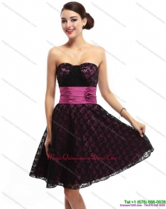 Discount Sweetheart Mini Length Dama Dress with Lace and Hand Made Flowers